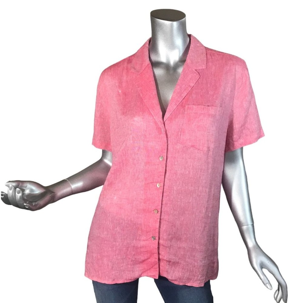 Hester & Orchard Linen Blend Women's Medium Button Front Shirt Red Loose Fit Top